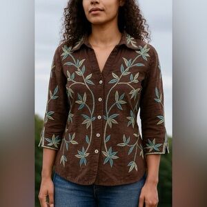 Silkland Brown Jacket 100% Silk Embroidered Button-Front Boho Floral Large